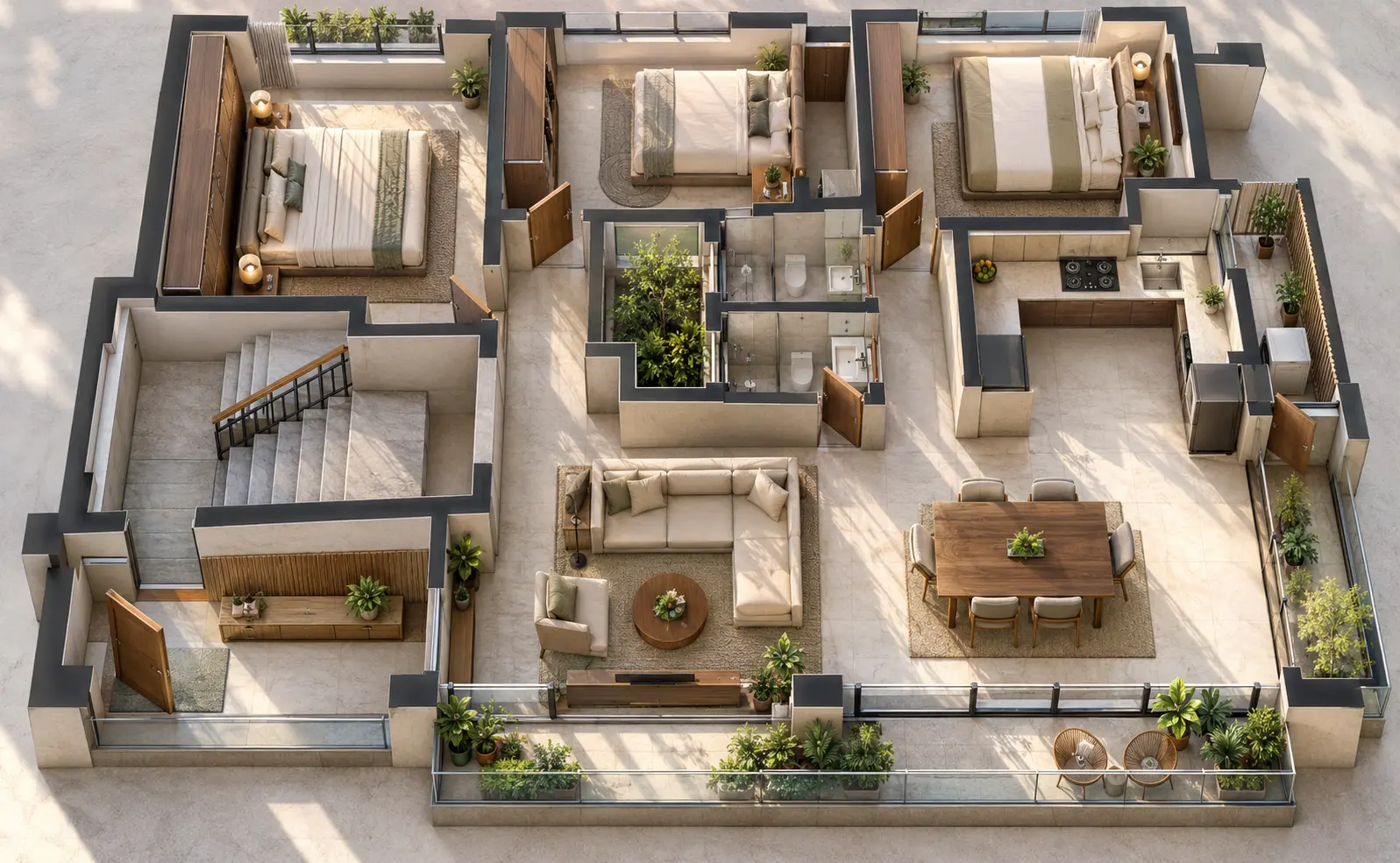 Floor plan showing furniture, door openings and coordinated service points