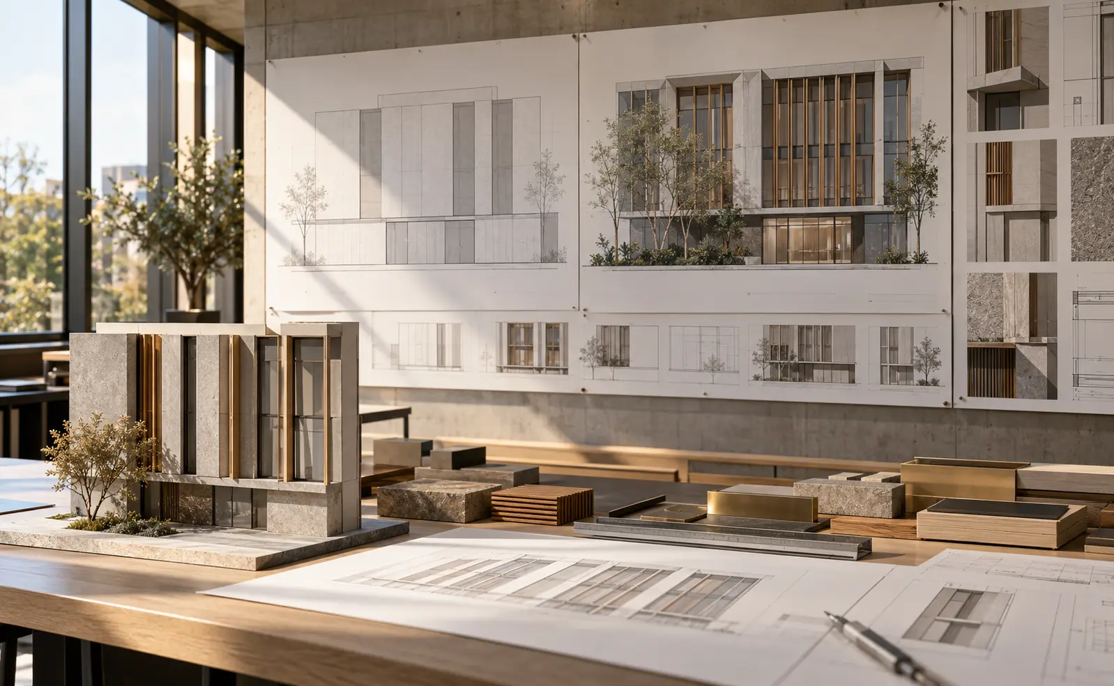 An architectural elevation shows a building directly from one side without perspective distortion.